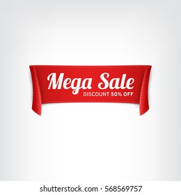 Red, paper banner for mega sale. Vector illustration