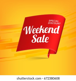 Red, paper banner for weekend sale. Vector illustration.