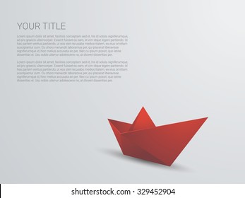Red paper boat 3d vector background. Polygonal origami ship with text space for business presentation. Eps10 vector illustration.