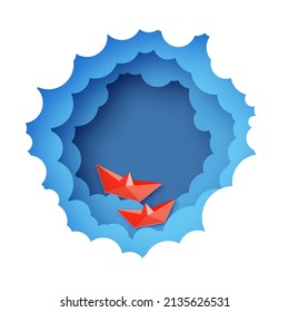 Red paper boat. Cloudy paper cut art. Blue Night sky clouds paper craft style. Volumetric cloudscape like a sea. Round frame.