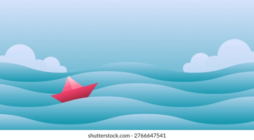Red paper boat floating on blue wavy water