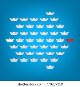 Red paper boat as a leader among others, leadership, teamwork, motivation, stand out of the crowd concept, EPS10 vector 