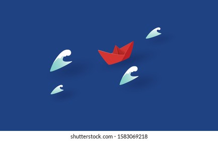 Red paper boat sailing between big waves, Concept inspiration business