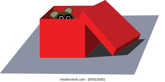 caja de papel rojo con tapa abierta y osito de peluche dentro del suelo