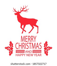 Red paper card decorated by deer and leaves with berries, lines and points. Simple congratulation postcard with Merry Christmas and Happy New Year vector