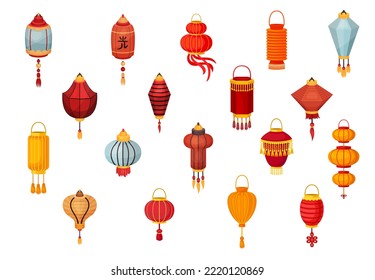 Red Paper Chinese Lantern of Cylindrical Shape with Hanging Tassel Big Vector Set