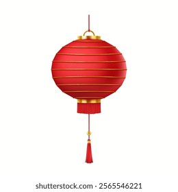 Red paper Chinese lantern decorated with gold realistic vector illustration. Traditional Asian lamp for fun atmosphere 3d object on white