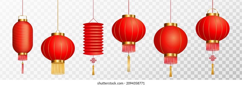 Red Paper Chinese Lanterns. Traditional Decoration for Chinese New Year, Lantern Festival, Weddings. Realistic Vector Illustration.