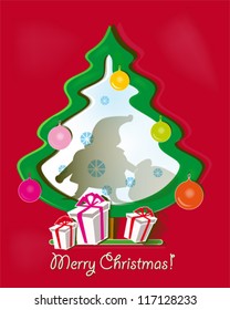 Red paper Christmas background with a shadow of Santa Claus and paper Christmas tree, gifts