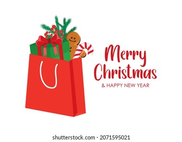 Red paper christmas gift bag with presents vector. Merry Christmas and Happy New Year greeting card. Red shopping paper bag with gifts icon vector isolated on a white background