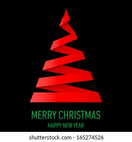 Red paper Christmas tree in origami style on black background. Greeting card.