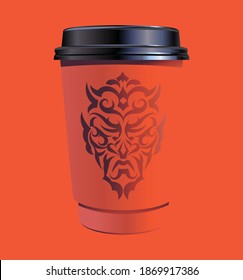 Red paper coffee thermo cup with graphic pattern, plastic container with black lid, take-out coffee, packaging template mockup, close-up, isolated, vector illustration on color background