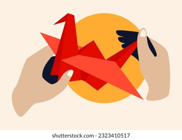 Red paper cranes - modern colored vector illustration with hands doing origami. Oriental art, a symbol of peace and kindness, hope for the best. Land of the Rising Sun and traditional hobby idea