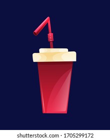 Copa de papel rojo con paja, bebida de cine. Ilustración vectorial en estilo de caricatura sobre fondo oscuro