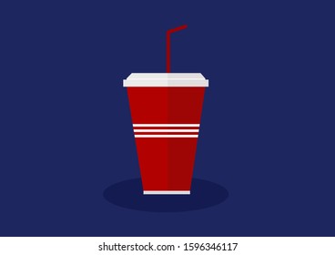 Red paper cup in flat style. Cold drinks, cola and soda. Cup for fast food in blue background . Drink icon Vector Illustration EPS 10.