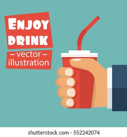 Red paper cup holding in hand man. Soda, cola in disposable cup. Enjoy cool drink concept. Vector illustration flat design. Isolated on white background.