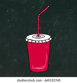 Red Paper Cup with Lid and Straw, Glass for Beverage Takeaway. Vector Illustration Isolated on a Black Chalkboard Background. Savoyar Doodle Style.