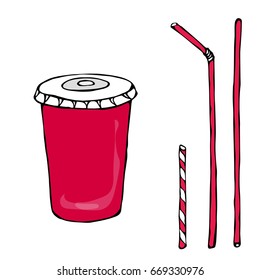Red Paper Cup with Lid and Straw, Glass for Beverage Takeaway. Vector Illustration Isolated On a White Background. Savoyar Doodle Style.