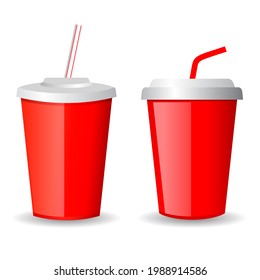 Red paper cup for soft drink, vector cartoon isolated on white background, abstract web design template