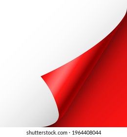 Red paper curl. Curled page corner with shadow. Blank sheet of paper. Colorful shiny foil. Design element for advertising and promotion. Vector illustration.