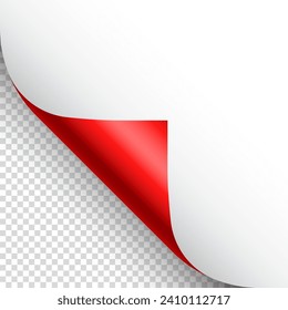 Red paper curl. Curled page corner with shadow. Blank sheet of paper. Colorful shiny foil. Design element for advertising and promotion. Vector illustration.