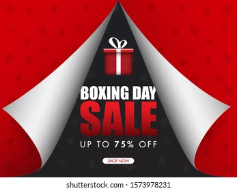 Red paper curl style poster design with 75% discount offer and shopping element pattern for Boxing Day Sale.