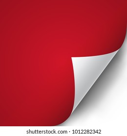 Red paper with curly corner, transparent shadow. Vector illustration.