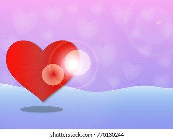 Red paper cut or paper art heart shape balloon floating with flare light on sweet blue and pink color background vector and illustration for Valentine, Love, and wedding card or element