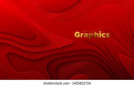 Red paper cut background. Abstract realistic papercut decoration with wavy layers and engraved wavy pattern. 3d topography relief. Vector topographic illustration. Cover layout template.