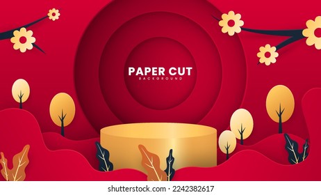 Red paper cut background with podium object. Paper cut style background with tree and flower ornament. Suitable for banners, posters, flyers, brochures or presentation backgrounds