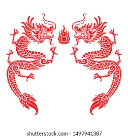 Red paper cut a China Dragon symbols vector art design  paper cut style on color Background.