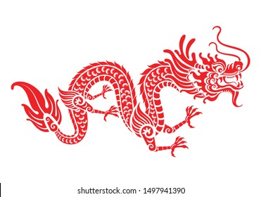 Papel rojo cortó los símbolos China Dragon diseño vectorial papel corte estilo en color Fondo.