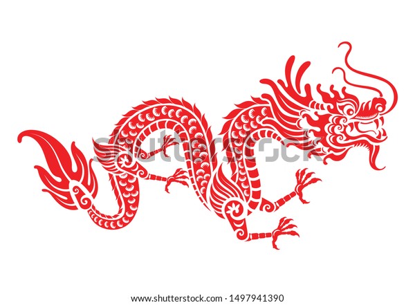 Red paper cut a China Dragon symbols\
vector art design  paper cut style on color\
Background.