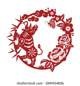 Red paper cut Chinese zodiac sign year of ox. Vector