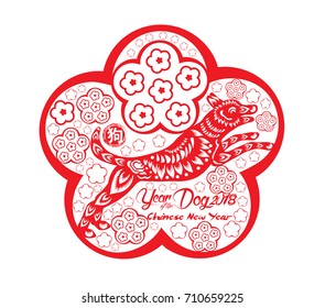 Red paper cut dog in frame and flower symbols (hieroglyph: Dog)