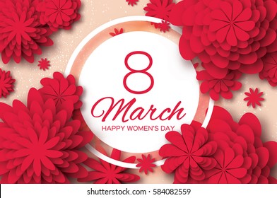 Red Paper Cut Flower. 8 March. Women's Day Greeting card. Origami Floral bouquet. Circle frame. Space for text on pink background. Happy Mother's Day. Vector Spring illustration