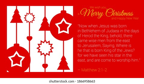 Red paper cut greetin card with holy bible quote. Merry Christmas and happy New Year related flat style vector illustration.