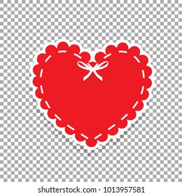 Red paper cut heart label with white lacing and ribbon. Sticker or emblem with lace, bow and copy space. Heart seal stamp for scrapbooking design, isolated on transparent background. Vector clip art.