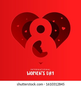 Red Paper Cut Heart Shape Greeting Card Design with 8 Number and Female Face for International Women's Day.