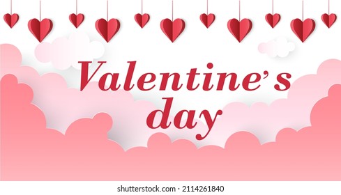 Red paper cut hearts in pink sky with clouds. Vector symbols of love in shape of heart for  Valentine's Day, greeting card design.
