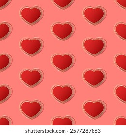 Red paper cut hearts seamless pattern. Volumetric vector hearts with gold abstract lines on pink background. St. Valentine's Day decoration.