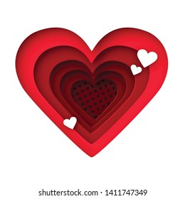 Red paper cut love heart for Valentine's day on white background. Vector illustration