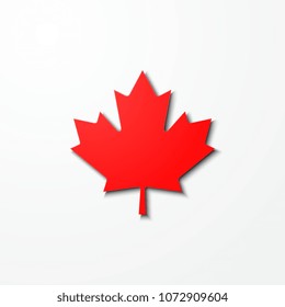 red paper cut maple leaf with smooth realistic shadows on white background