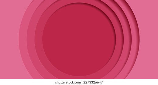 Red paper cut out circle pattern in layers. 3D gradient background. Trend color of the year 2023, viva magenta. Design element for card, cover, banner, poster, backdrop, wall. Vector illustration.