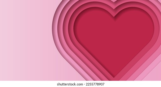 Red paper cut out heart shape pattern in layers. 3D gradient background. Color of the year 2023, viva magenta. Design element for card, cover, banner, poster, backdrop, wall. Vector illustration.