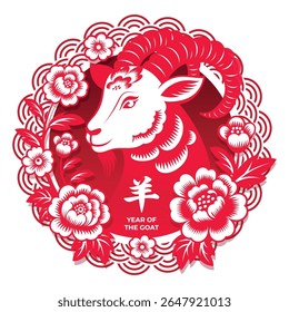 Papel vermelho estilo cabra com quadro floral para o ano do símbolo ou sinal de vetor de cabra. Tradução : Caprino