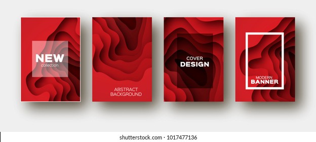 Red Paper Cut Wave Shapes. Layered curve Origami design for business presentations, flyers, posters. Set of 4 vertical banners. 3D abstract map carving. Text. Frame.