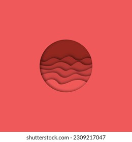 Red paper cut wavy layers circle background. Big hole with ocean waves. Vector illustration.