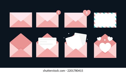 Sobre de papel rojo dentro y carentes de fondo en el icono de conjunto de sobre realista rosa