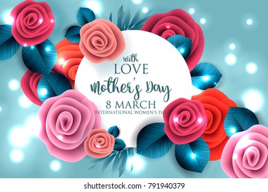 Red Paper Flower. 8 March. Women's Day Greeting card. Origami Floral bouquet. Space for text. Happy Mother's Day. Vector Spring Wedding Invitation template
